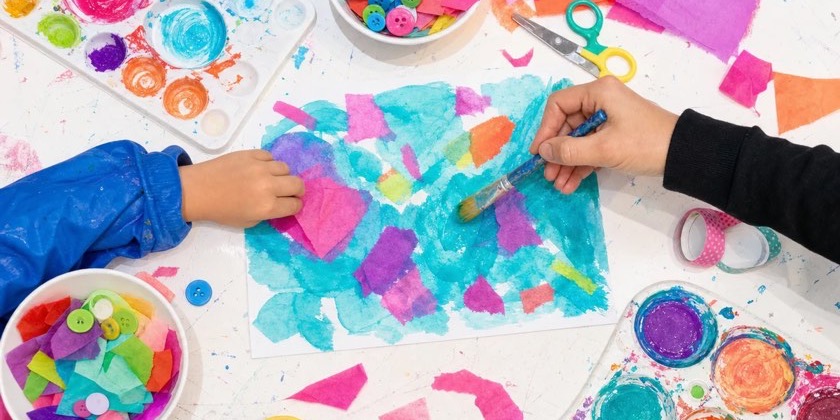 A child and an adult painting on the same sheet from opposite sides