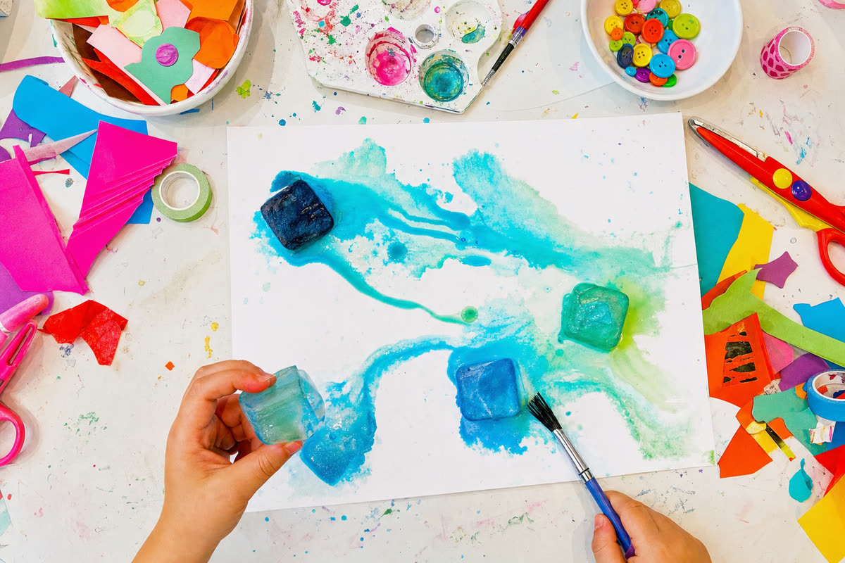 A child painting watercolour over a block of ice