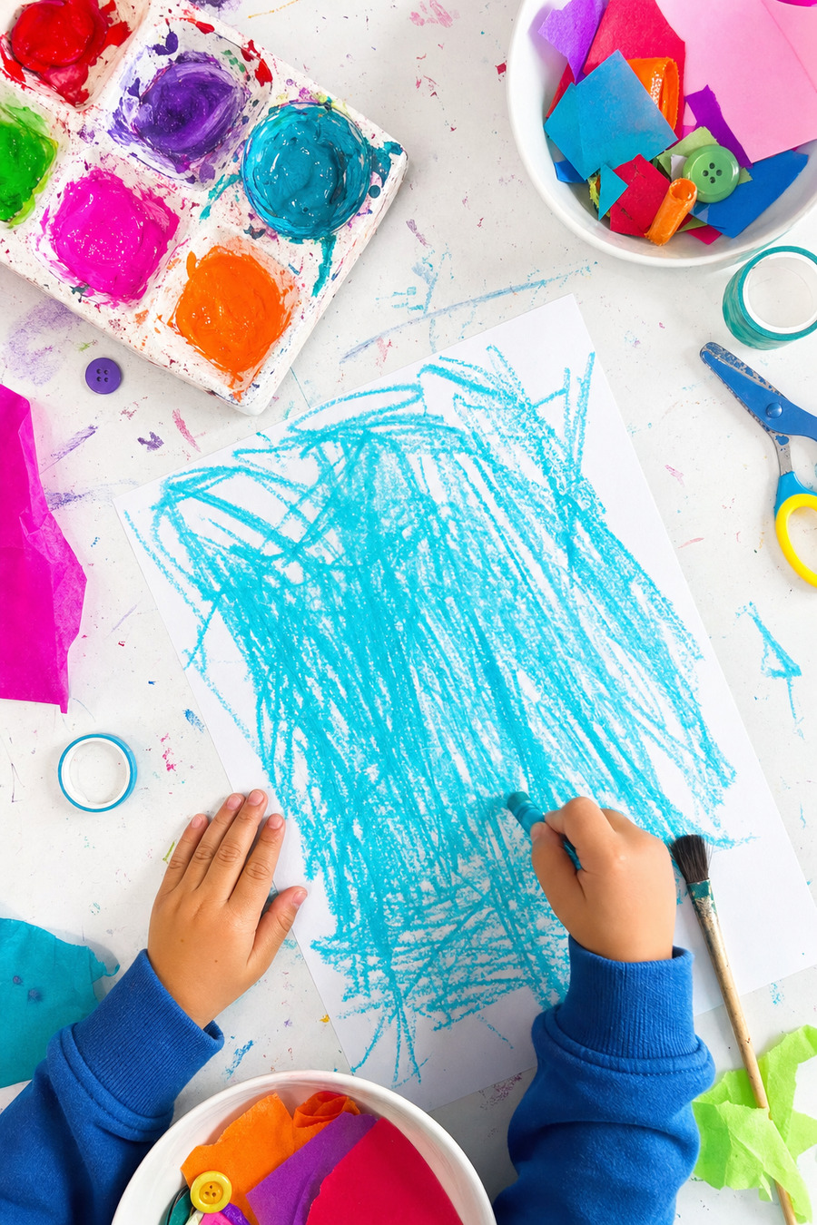 Child colouring with crayons