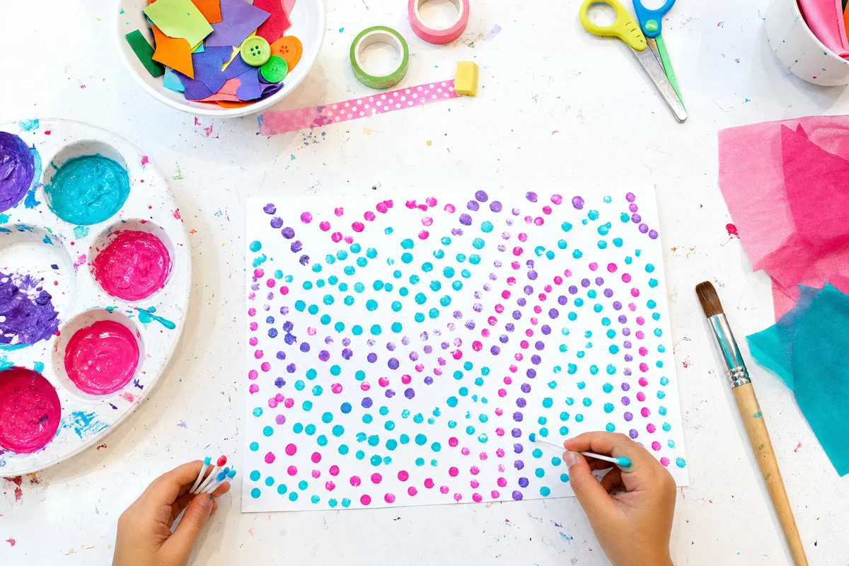 A page filled with cotton bud dots in two or three colours