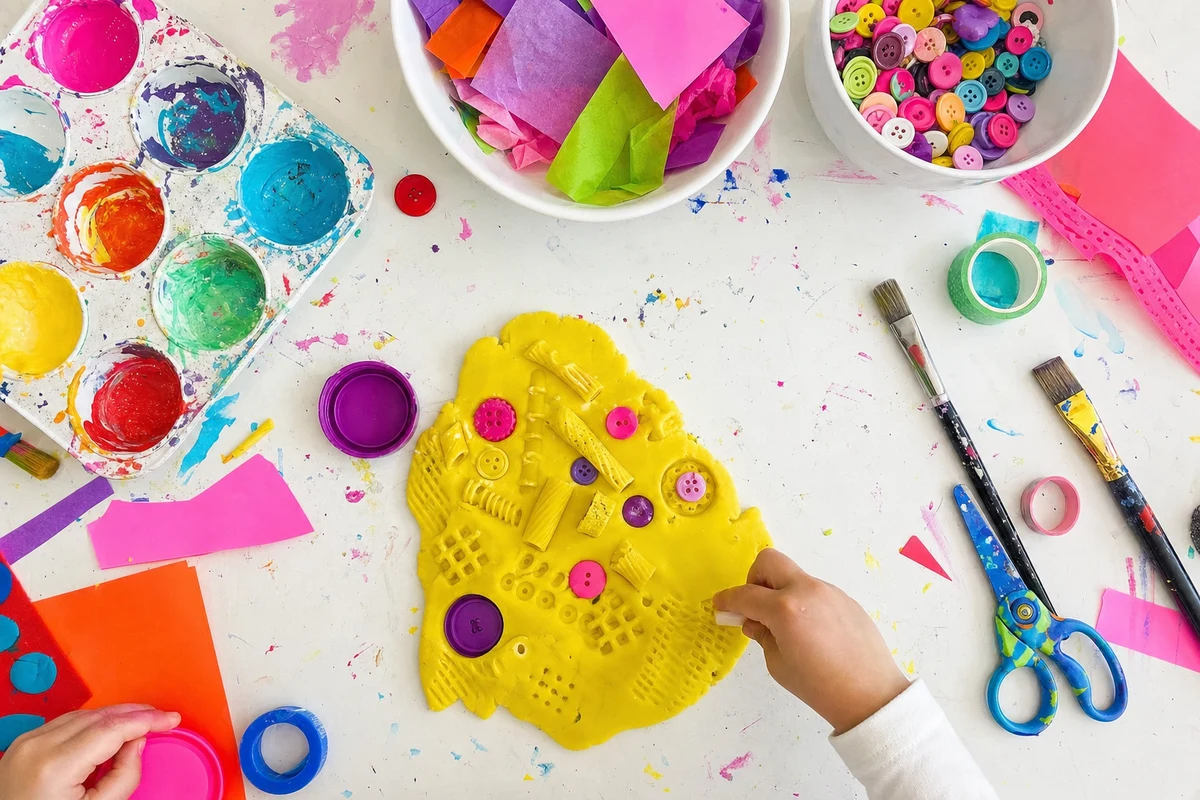 Playdough pressed with pasta, buttons and bottle lids