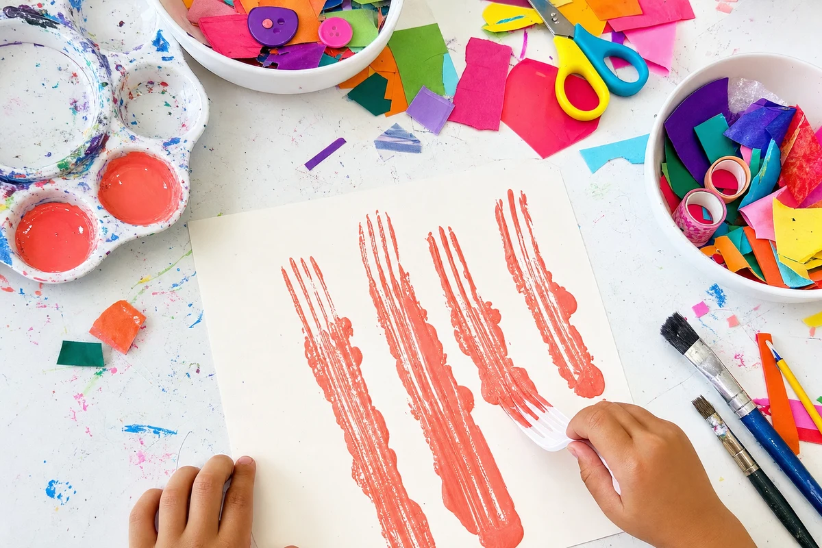 Four dragged fork tracks in wet coral paint on cream paper