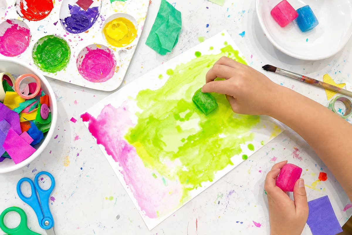 Coloured ice cubes melting across thick paper, the colour running as they go