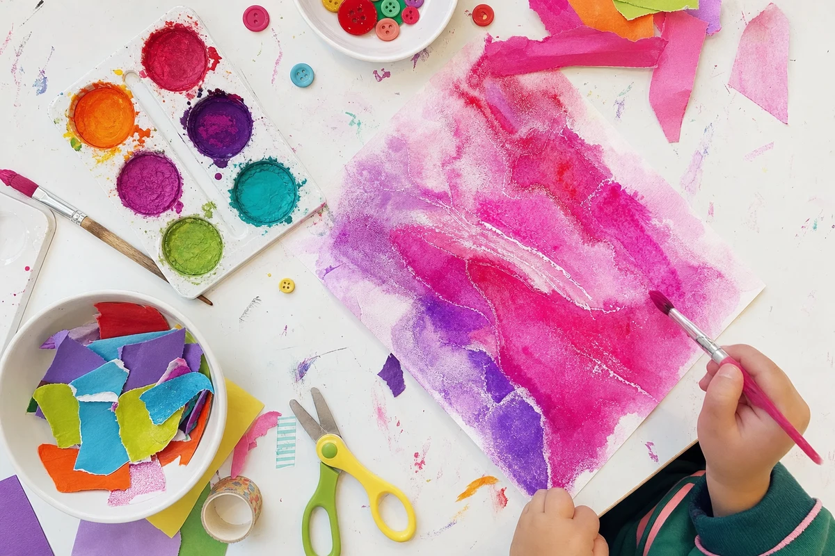 Watercolour running along raised salt and glue lines