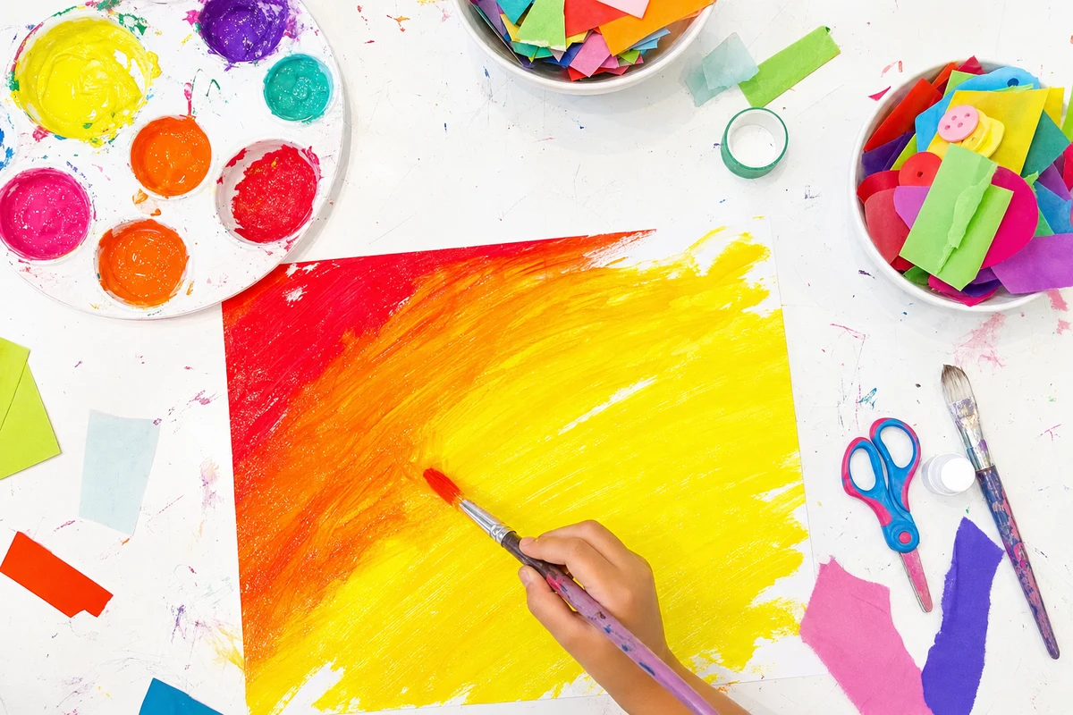 A hand pulling a brush from red through yellow so the two smear into orange
