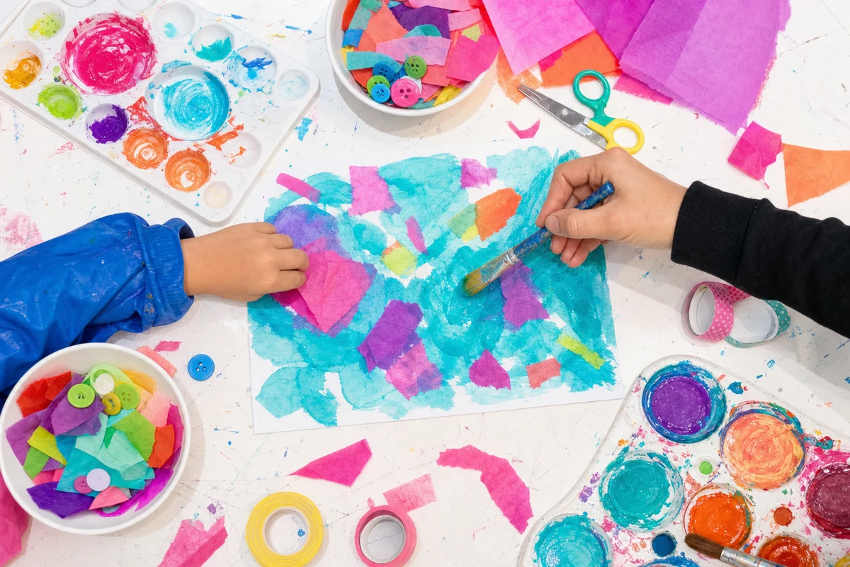 A child and an adult working on the same sheet from opposite sides