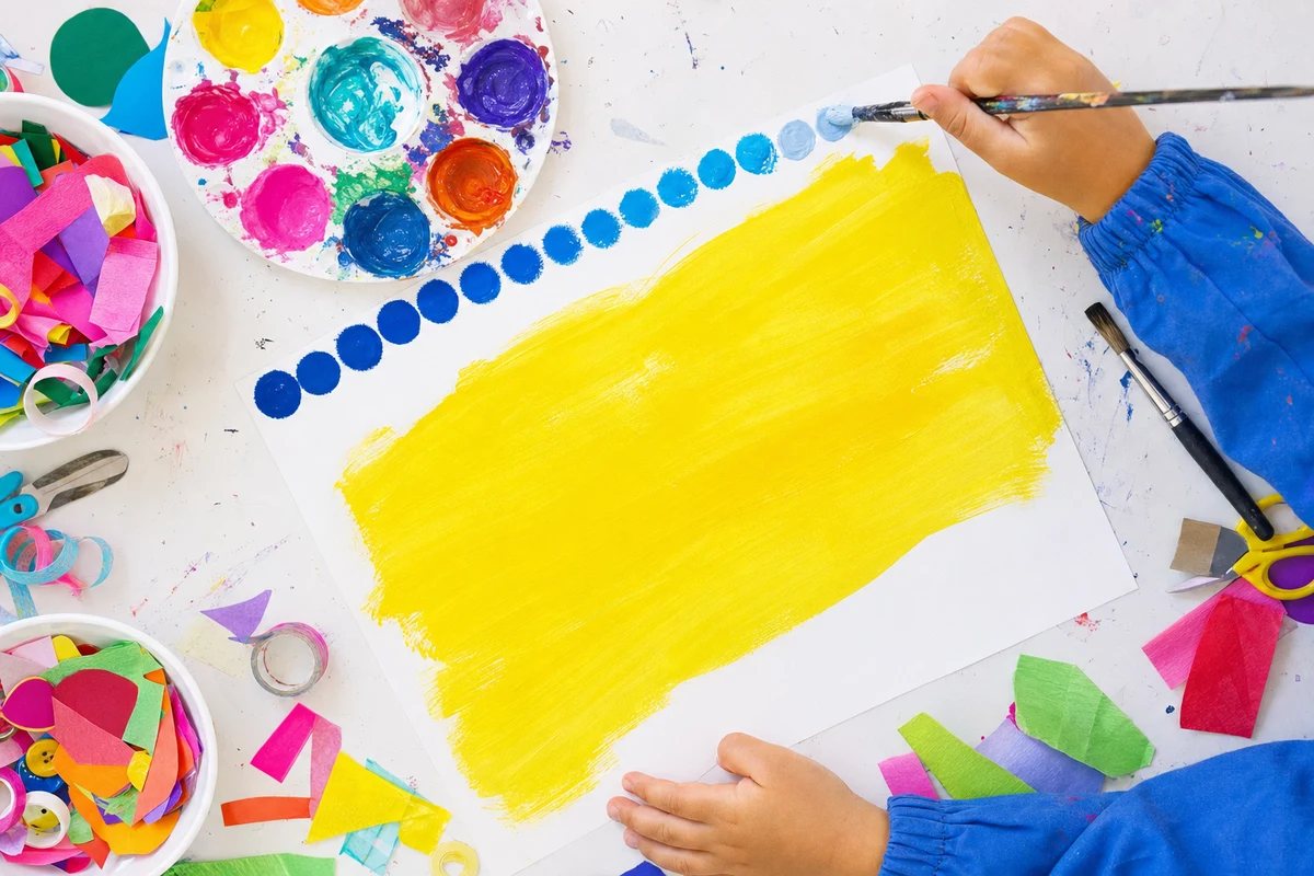 A brush adding white to the next blue along a row of ten blues