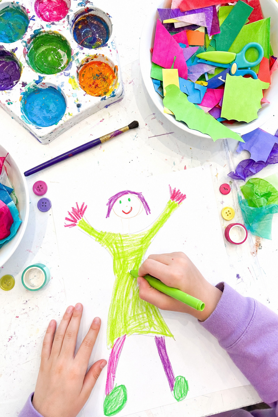 A drawn person, coloured in at the table.