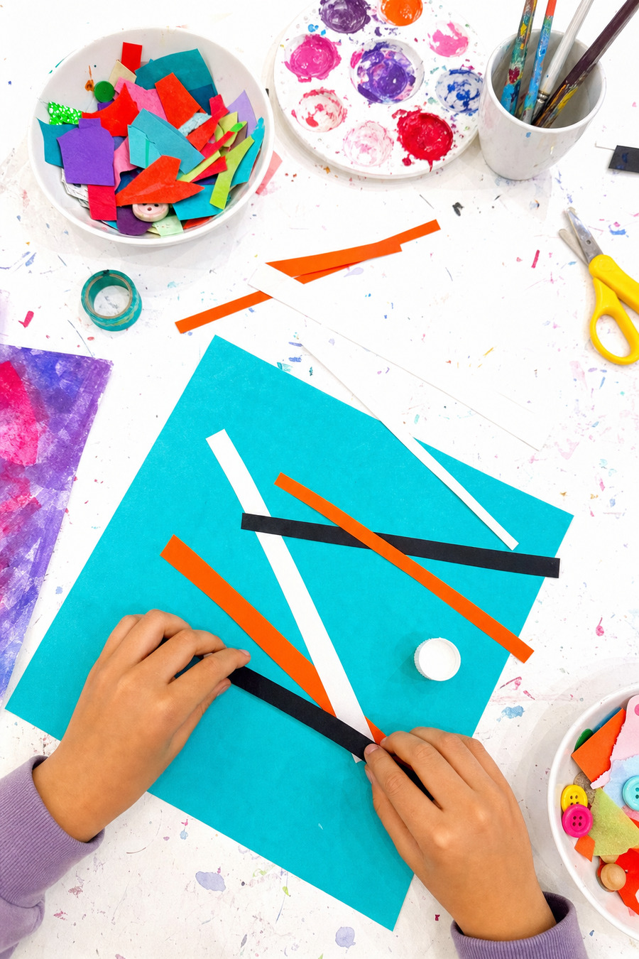 Gluing and arranging paper strips.