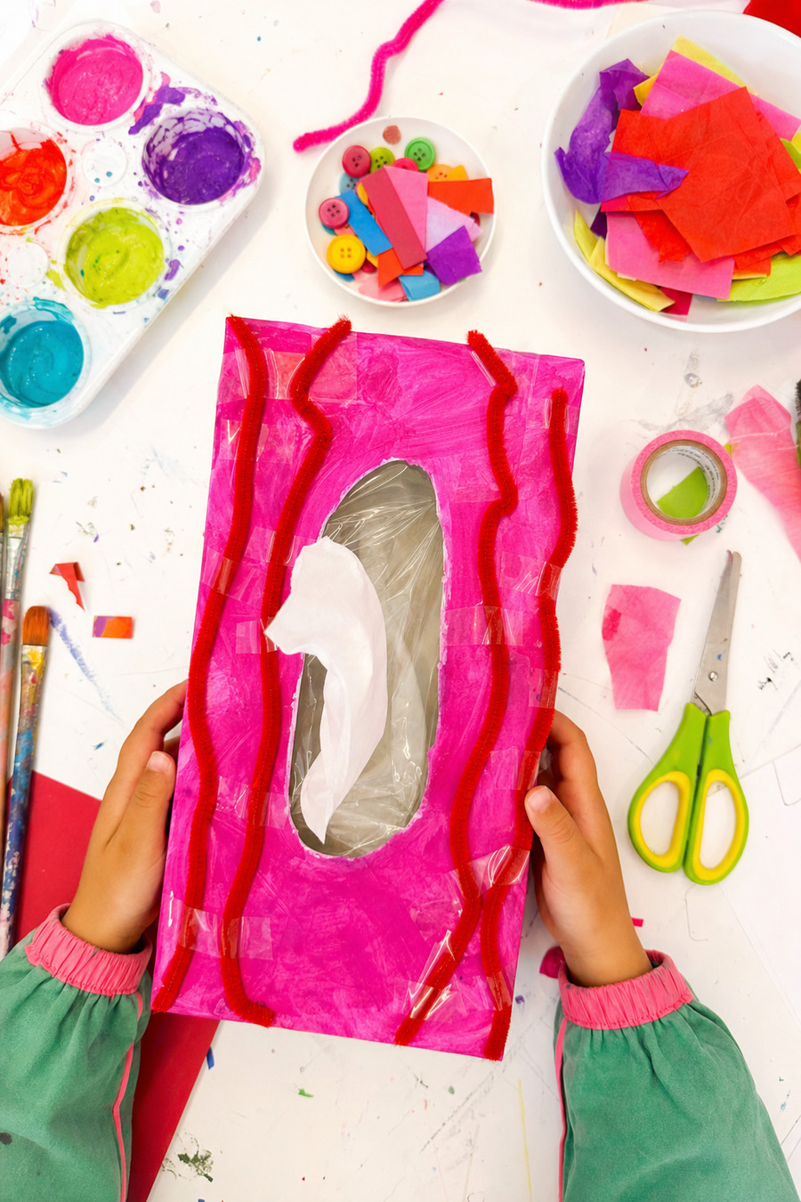 A tissue-box creation with pipe cleaner and tape.