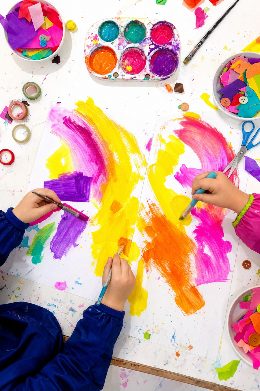 Two pairs of hands, side by side at an easel.