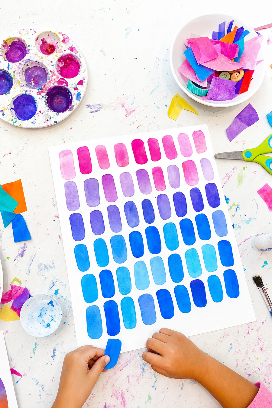 Painted shapes in careful rows.